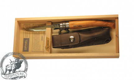 Нож Opinel (10 см, в деревянной коробке, нержавеющий, рукоятка оливковое дерево и чехол) #001090