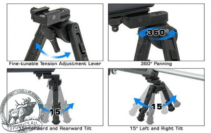 Сошки Leapers UTG 360° для установки на оружие на планку Picatinny (регулируемые, фиксация рычагом)  высота от 18 до 26см #TL-BP01-A
